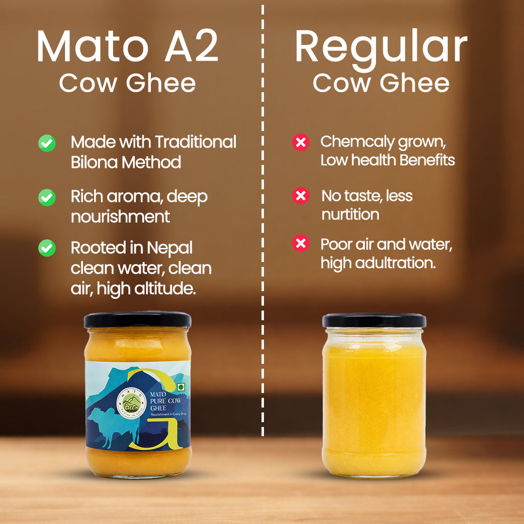 Mato Pure Cow Ghee bottle jar comparison with regular ghee