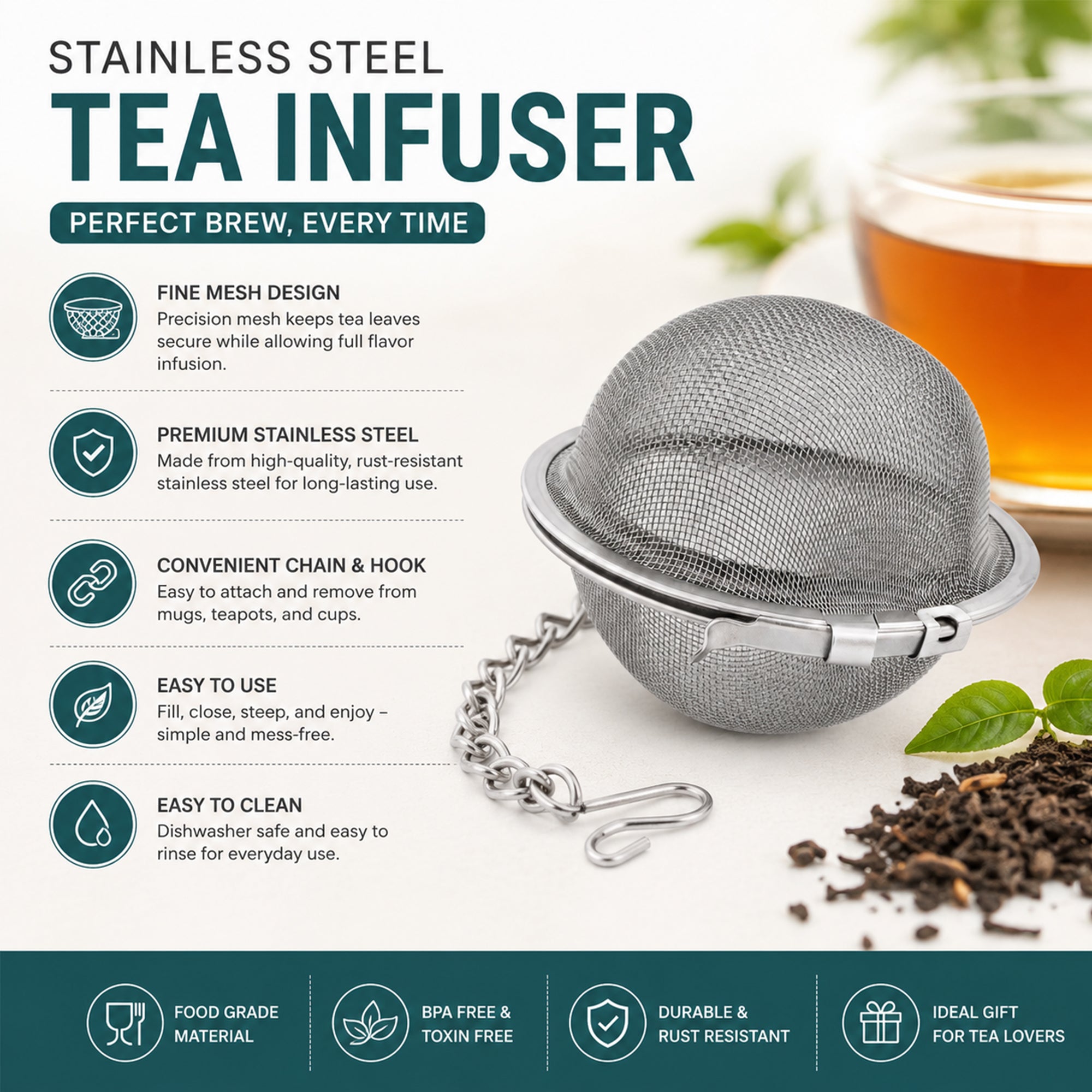 Mato Ball Tea Infuser with Chain — Stainless Steel