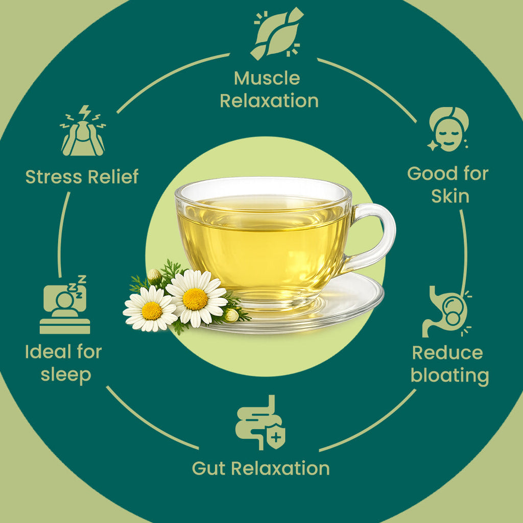 Chamomile tea benefits infographic with tea cup and chamomile flowers