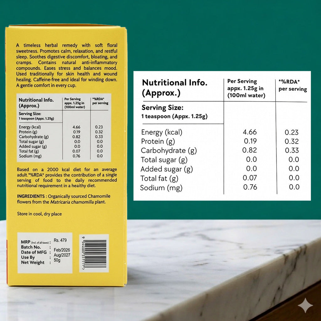 Chamomile Tea box with nutritional info and ingredients for herbal tea