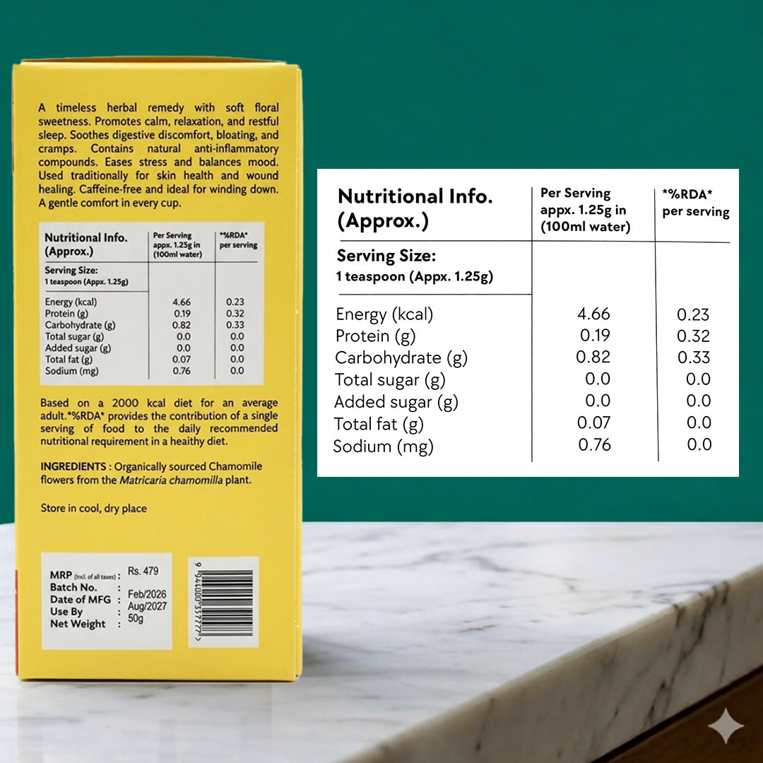 Chamomile Tea box with nutritional info and ingredients for herbal tea