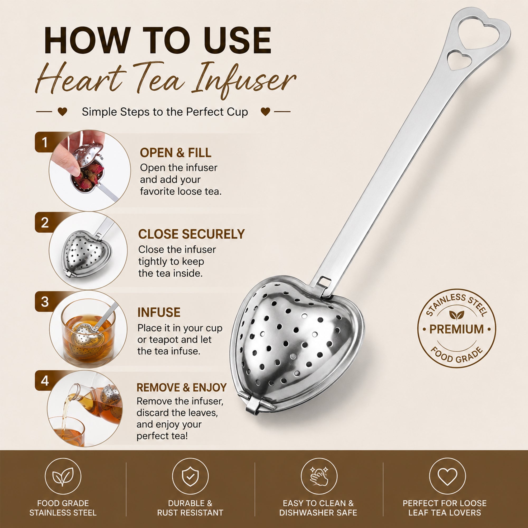 Mato Heart Tea Infuser with Handle — Stainless Steel