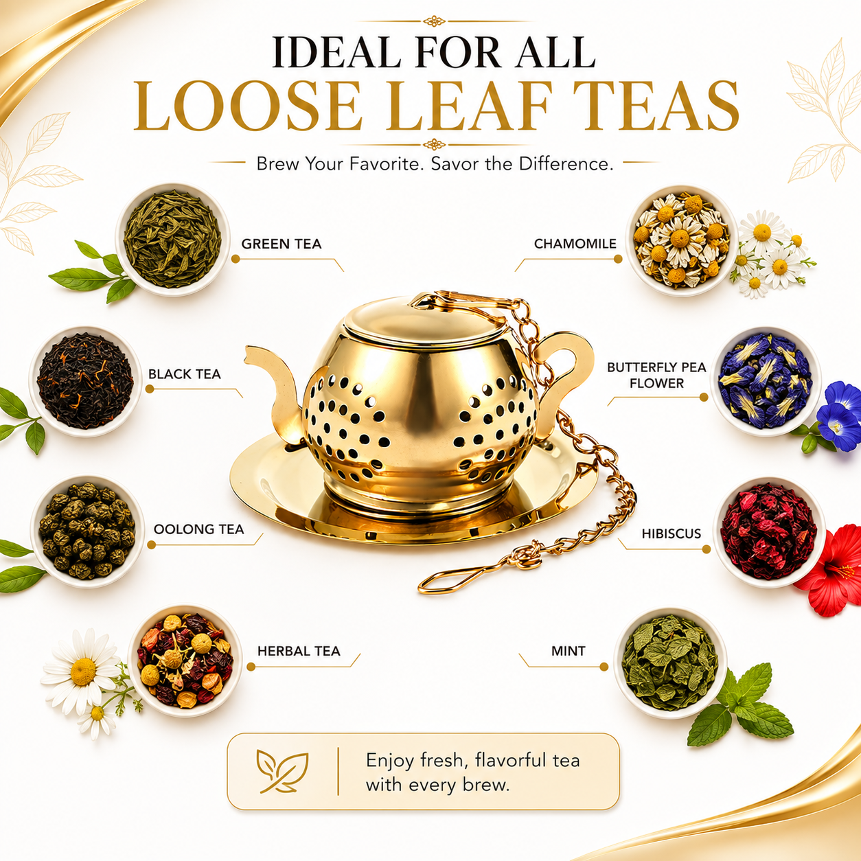 Mato Kettle Tea Infuser with Drip Tray — Golden Finish