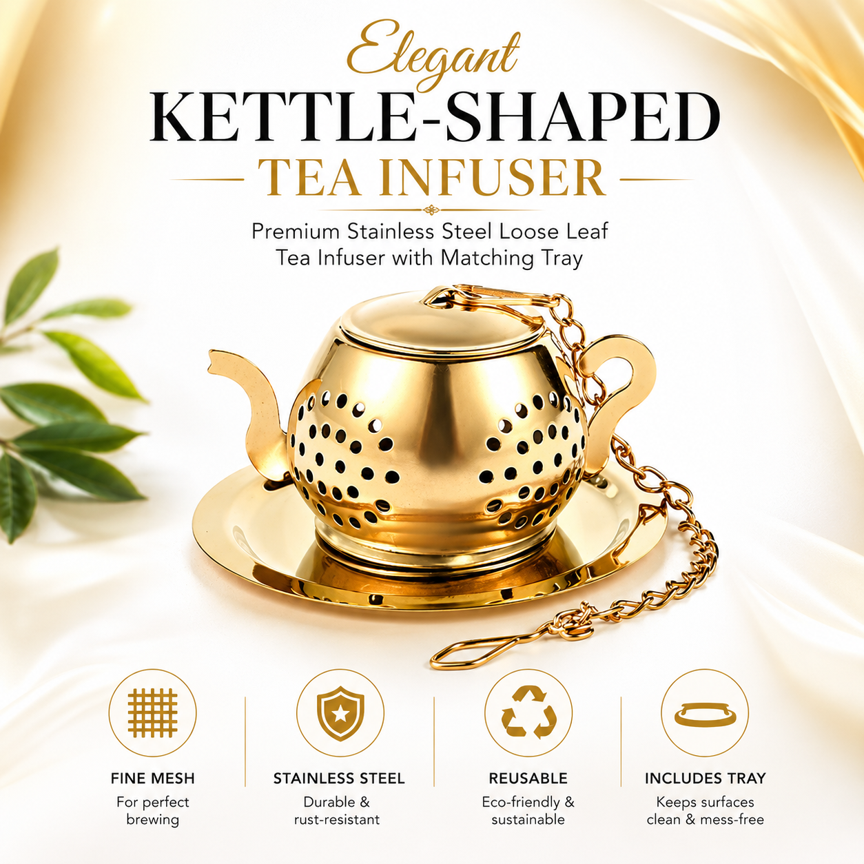 Mato Kettle Tea Infuser with Drip Tray — Golden Finish