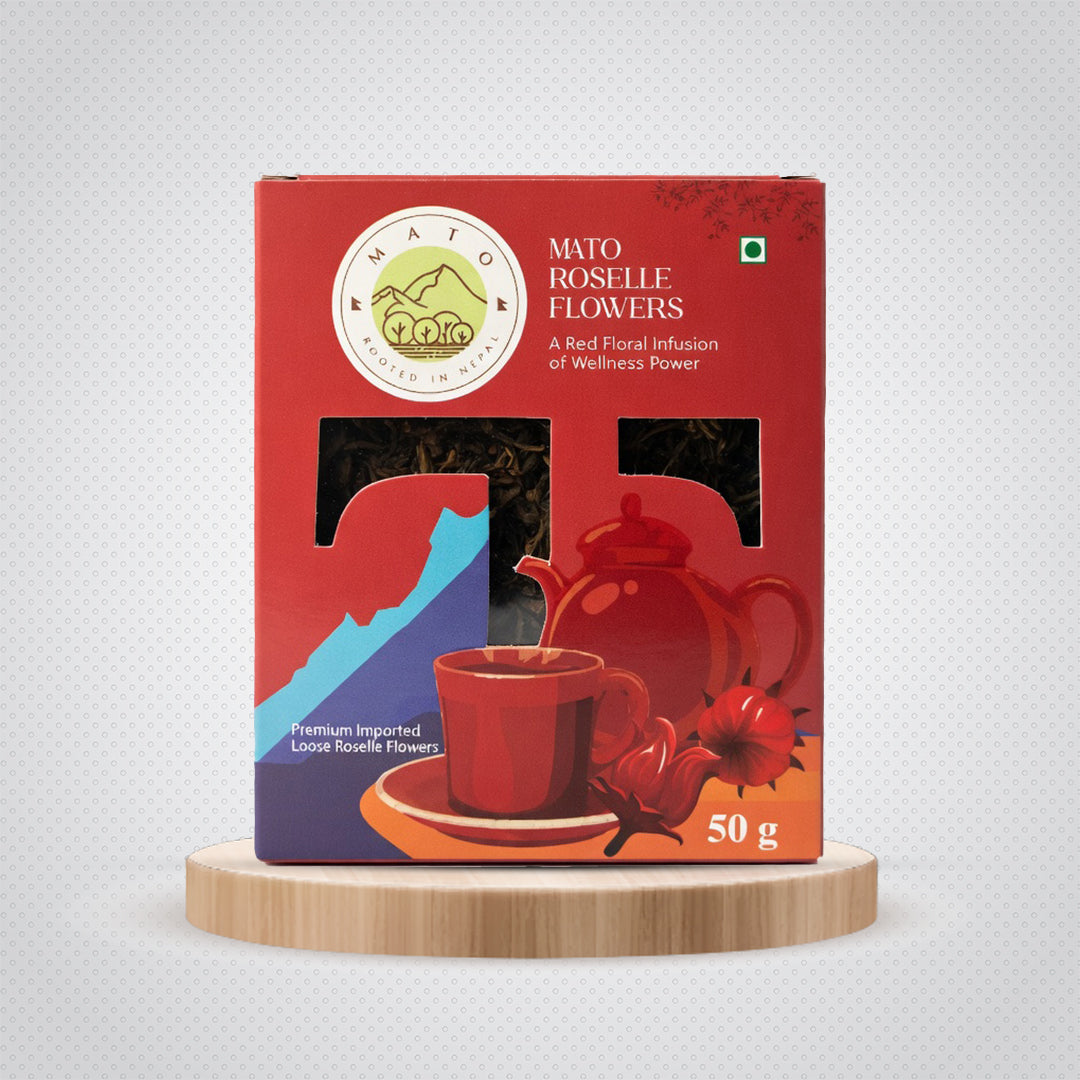 Mato Roselle Flower Tea box with red floral design and tea cup