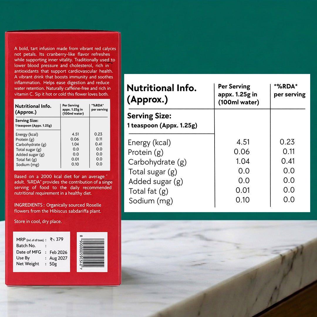 Mato Roselle Flower Tea box with nutritional information